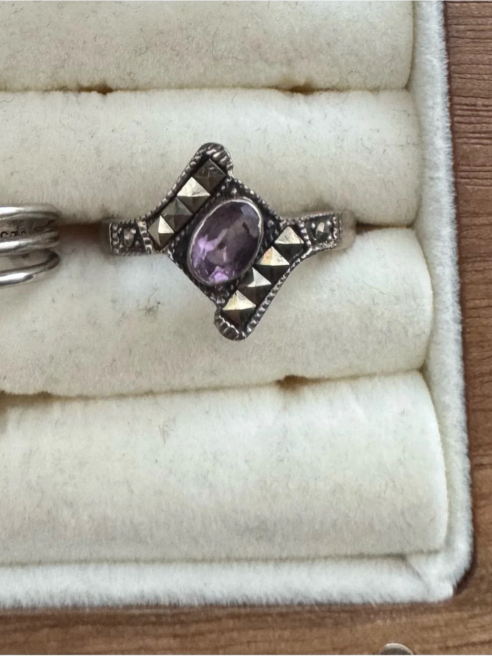Sterling Silver Marcasite Ring with Purple Amethyst Center